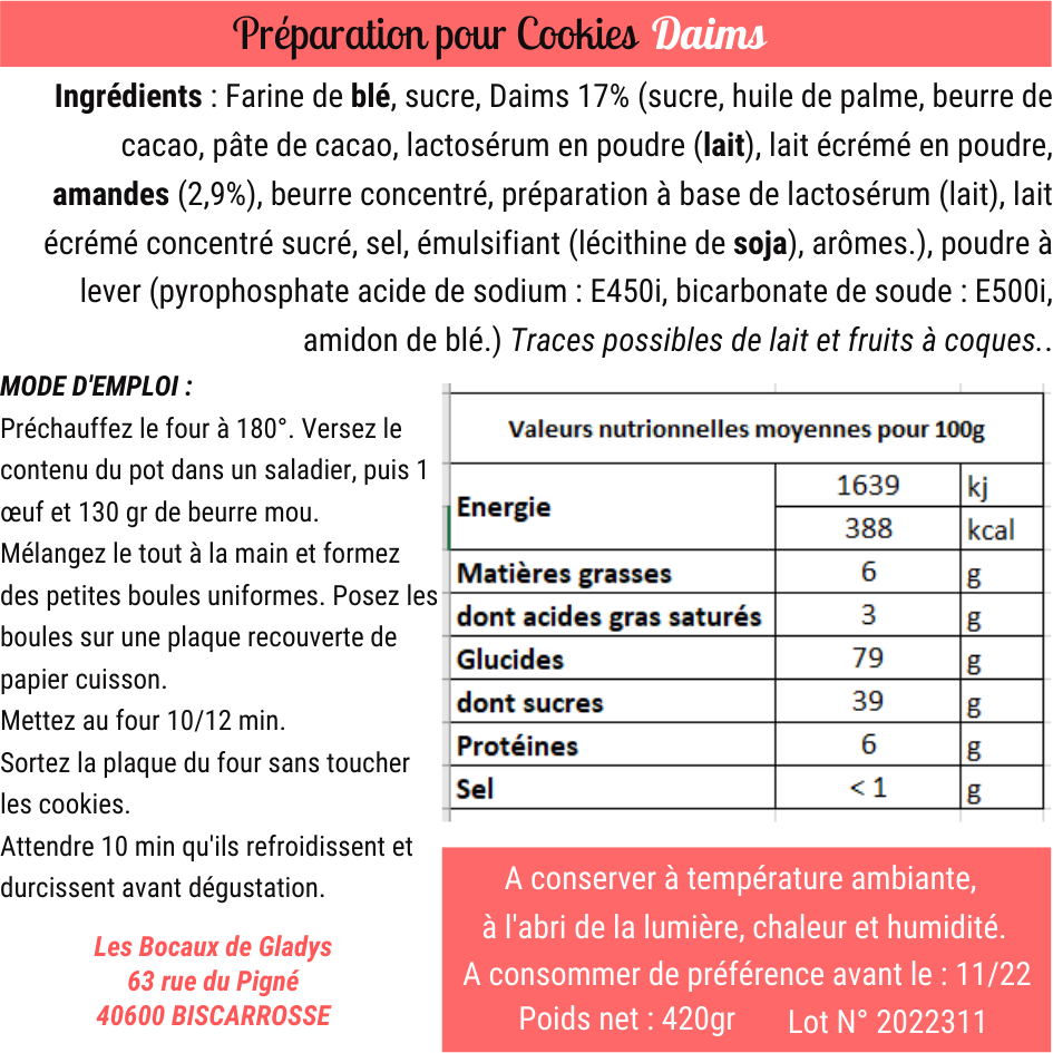 Bocal prêt à pâtisser - Cookies aux Daims | Recette gourmande personnalisable | Made in France