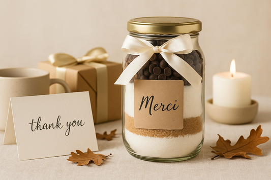 Bocal prêt à pâtisser Les Bocaux de Gladys avec étiquette “Merci”, ruban doré et carte de remerciement sur une table en bois claire — une idée de cadeau gourmand et artisanal pour remercier ses clients avec douceur