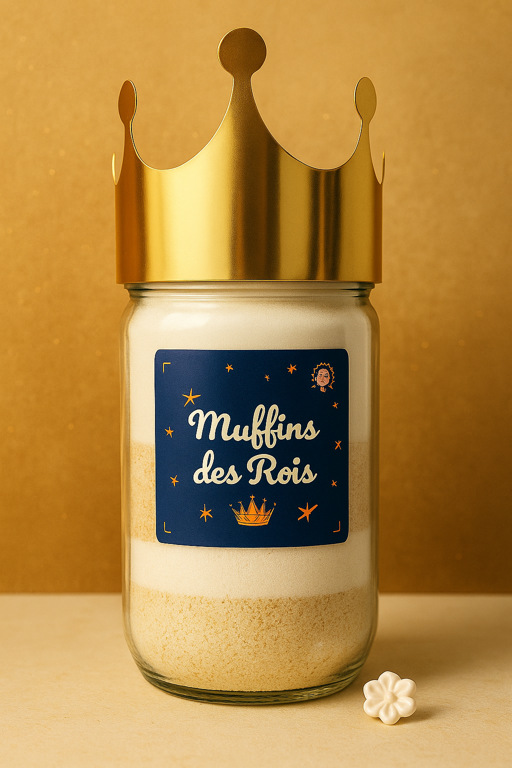 Bocal Muffins des Rois avec étiquette bleu nuit et couronne dorée — préparation artisanale pour muffins de l'Épiphanie
