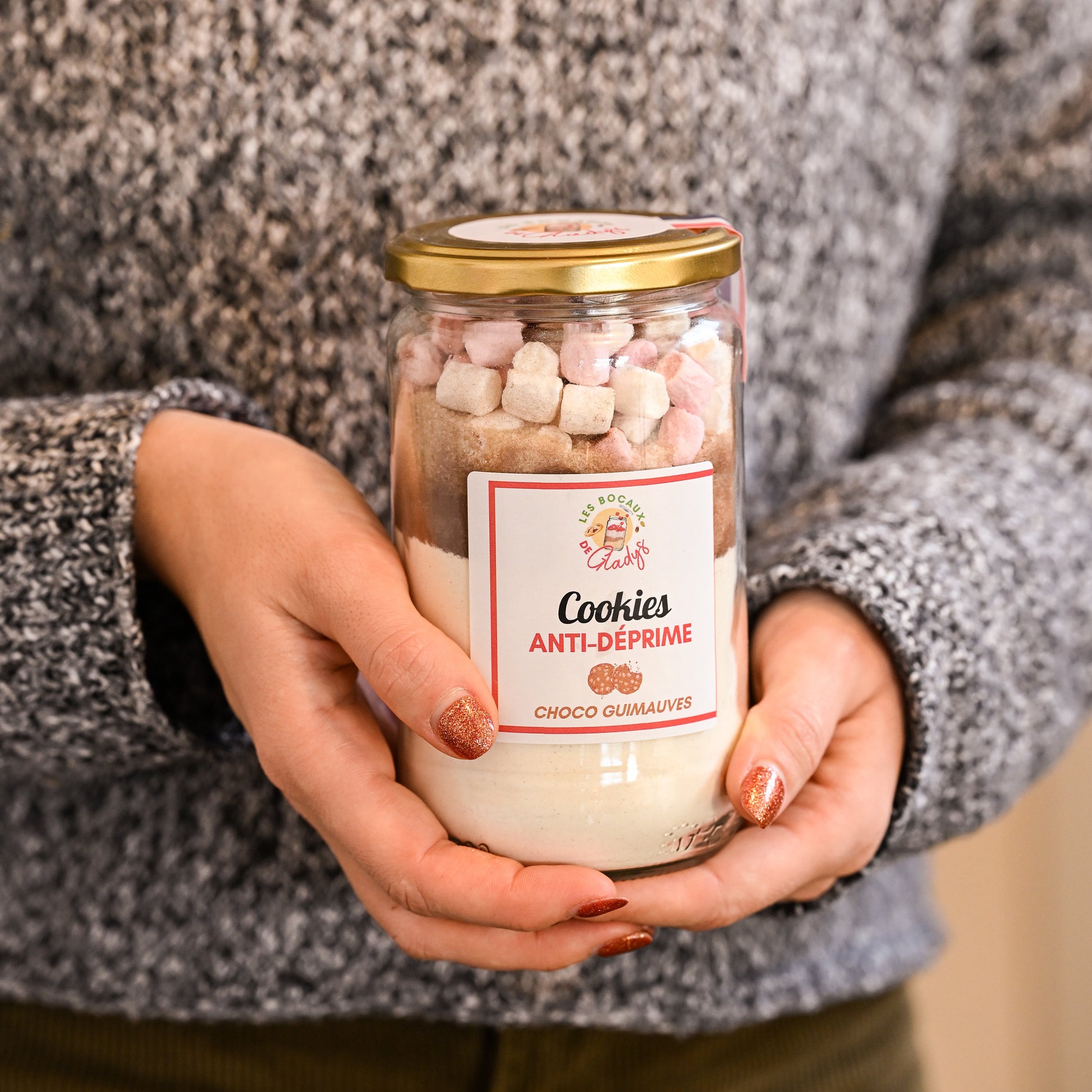 Bocal de cookies anti-déprime chocolat et mini guimauves prêts à pâtisser avec message personnalisé – cadeau gourmand réconfortant Made in France