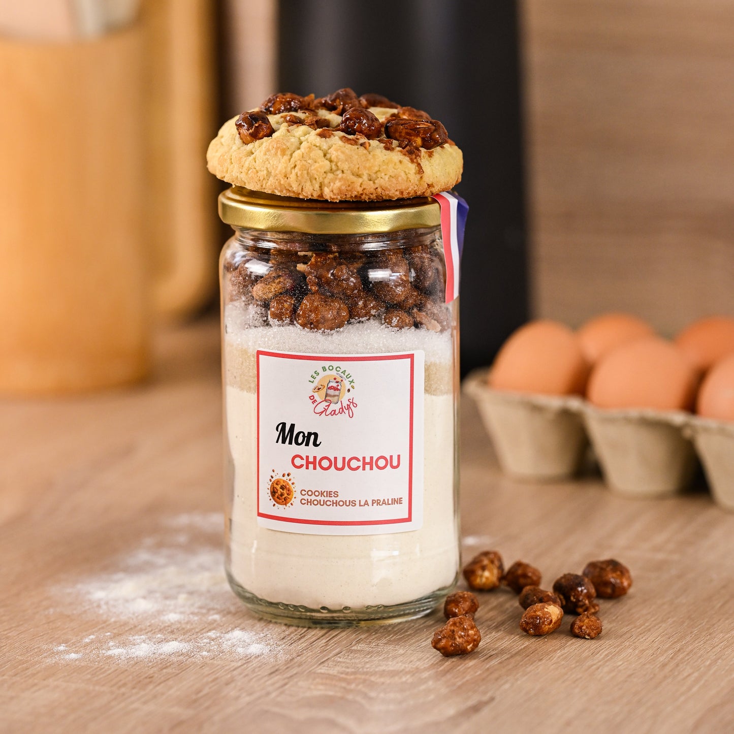 Bocal de cookies chouchous pralinés prêts à pâtisser avec message personnalisé – cadeau gourmand artisanal Made in France