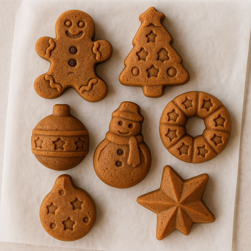 Petits gâteaux de Noël dorés en forme de bonhomme, sapin, boule, couronne, bonhomme de neige et étoile réalisés avec un moule en silicone