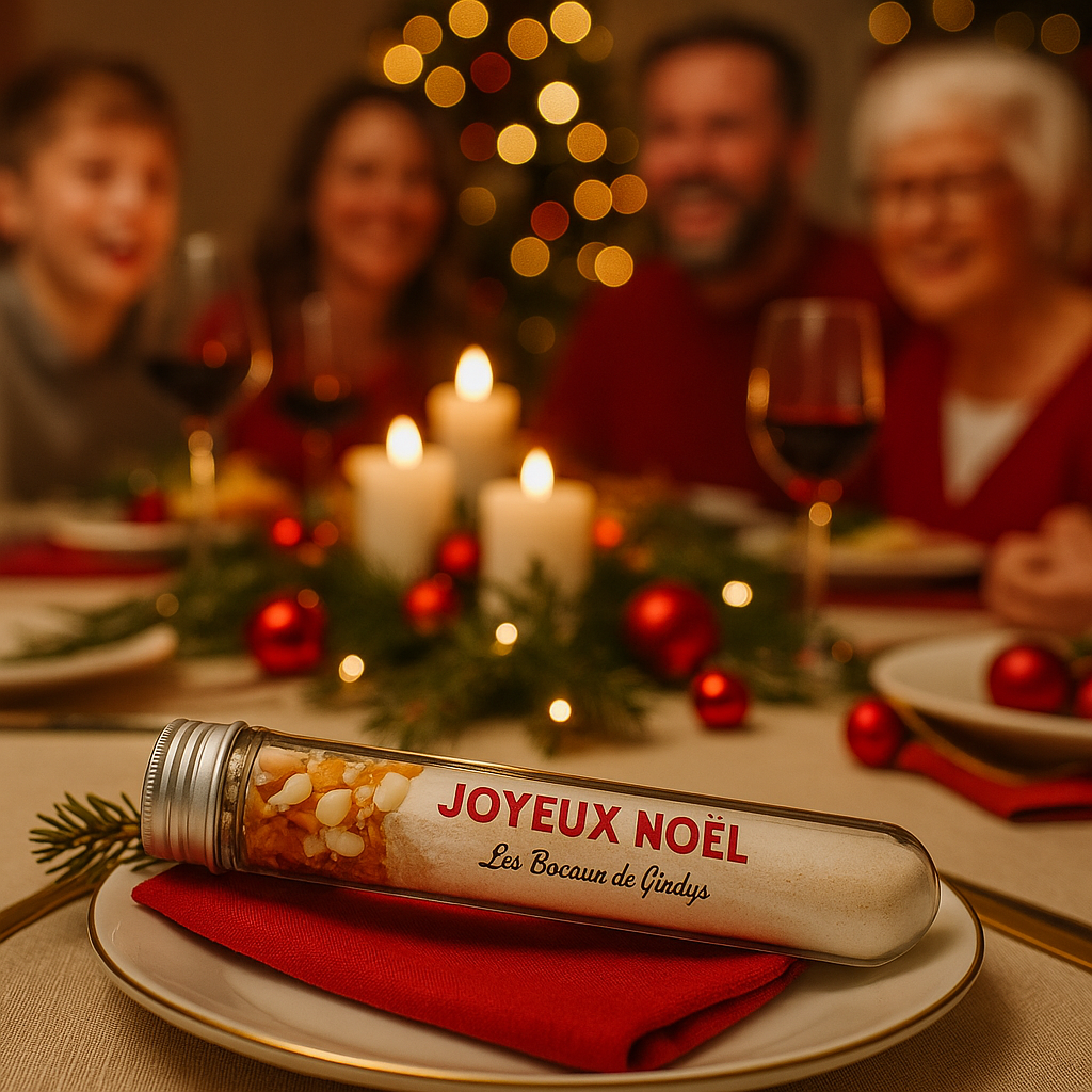 Fiole gourmande de Noël Les Bocaux de Gladys posée sur une table de réveillon, contenant farine, sucre, chocolat blanc, orange confite et cannelle – idée cadeau artisanal et marque-place festif.
