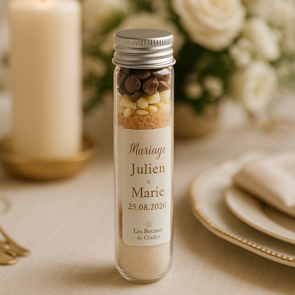 Fiole gourmande personnalisée Les Bocaux de Gladys posée sur une table de mariage élégante, contenant farine, sucre rose pomme d’amour et pépites de chocolat blanc, étiquette Mariage 