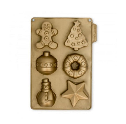 Moule à gâteaux de Noël en silicone avec 6 formes : bonhomme en pain d’épice, sapin, boule, couronne, bonhomme de neige et étoile
