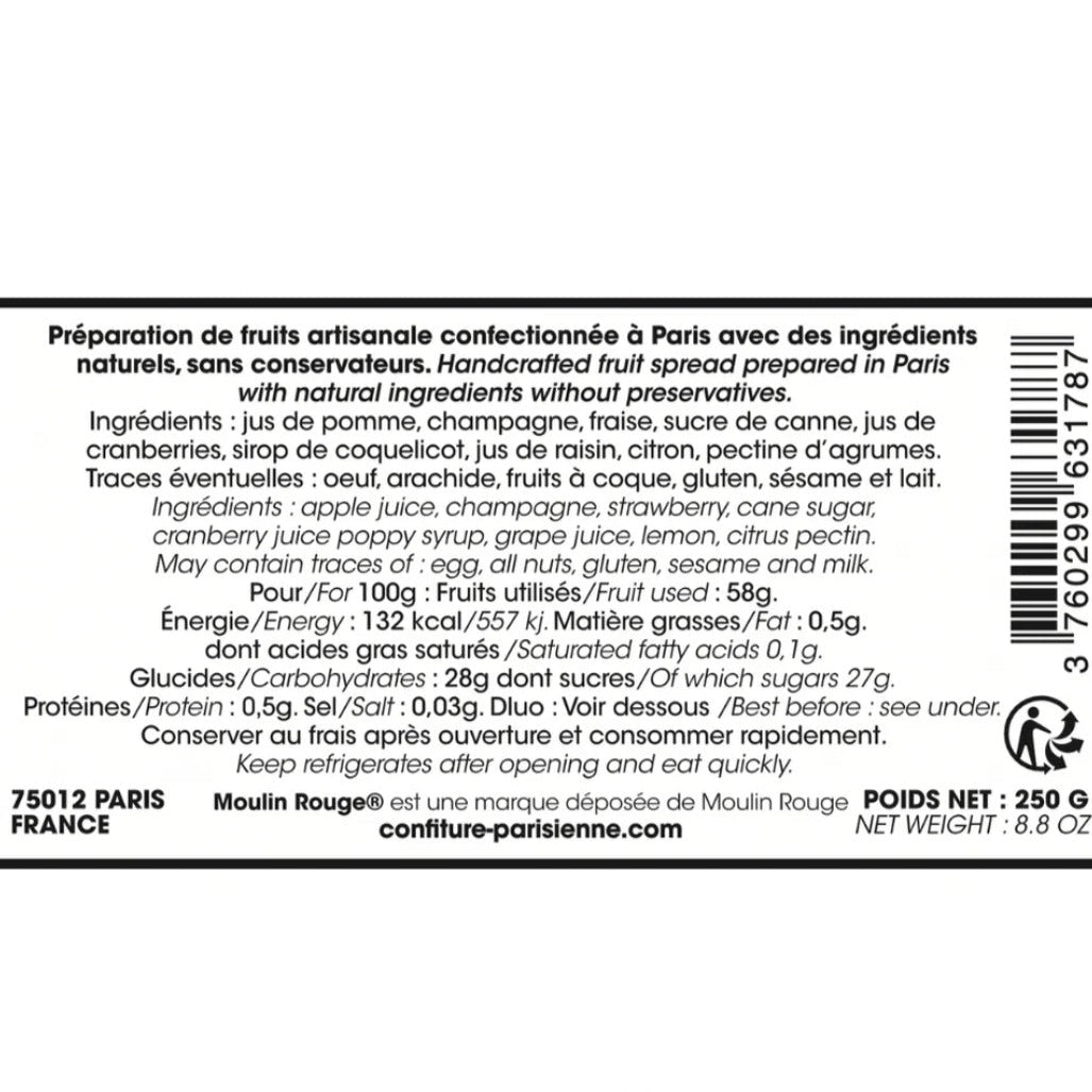 Confiture Fraise Cancan – Champagne rosé & coquelicot (250 g) – Édition luxe